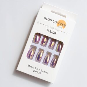 LEBON Radiant Chrome Press on Nails Short Fake Acrylic Almond 24 Pcs No.3 VIOLET